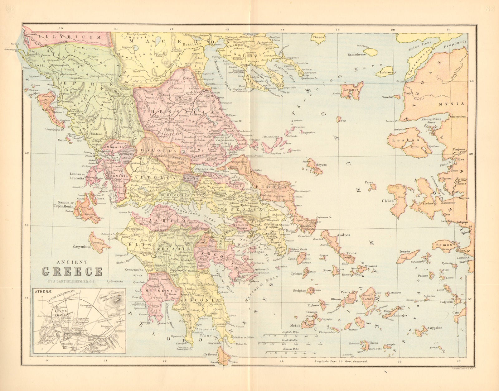ANCIENT GREECE. Showing provinces. Inset Athens. BARTHOLOMEW 1876 old map